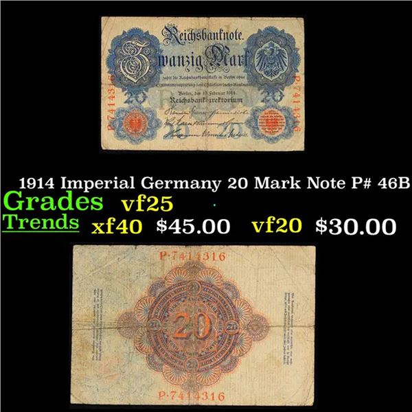 1914 Imperial Germany 20 Mark Note P# 46B Grades vf+