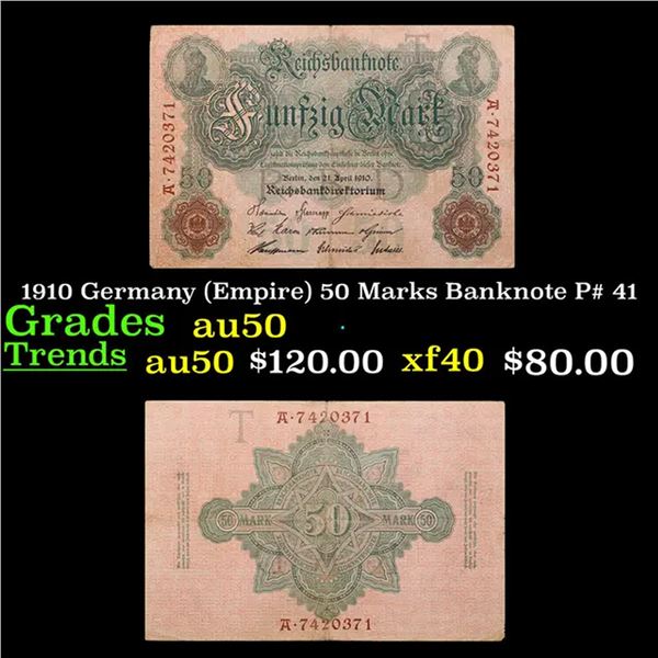 1910 Germany (Empire) 50 Marks Banknote P# 41 Grades AU, Almost Unc