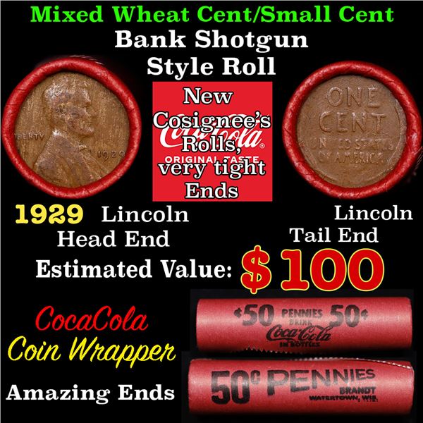 Mixed small cents 1c orig shotgun roll, 1929-p Lincoln Cent, Lincoln Cent other end, Coca-Cola Brand