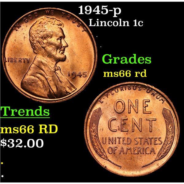 1945-p Lincoln Cent 1c Grades GEM+ Unc RD
