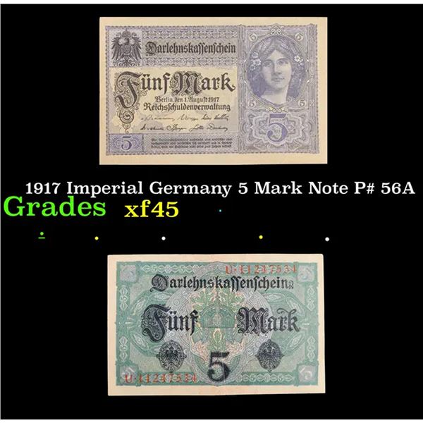 1917 Imperial Germany 5 Mark Note P# 56A Grades xf+