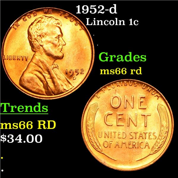 1952-d Lincoln Cent 1c Grades GEM+ Unc RD