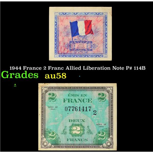1944 France 2 Franc Allied Liberation Note P# 114B Grades Choice AU/BU Slider
