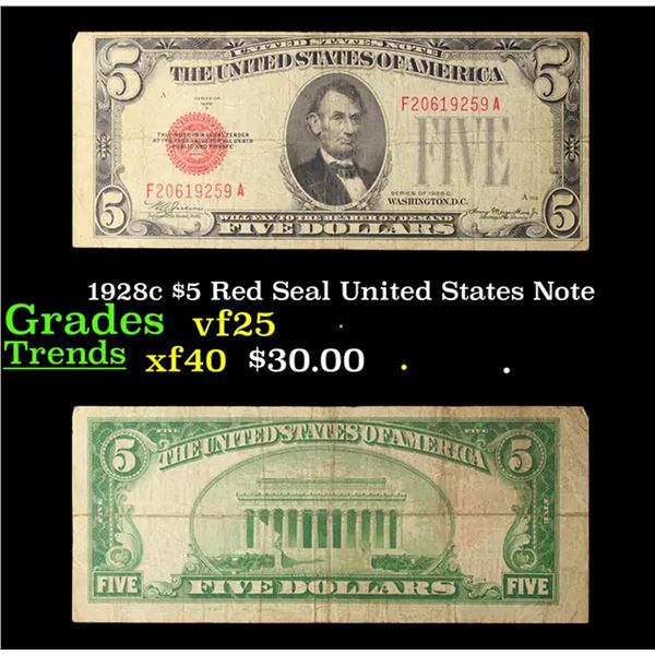 1928c $5 Red Seal United States Note Grades vf+