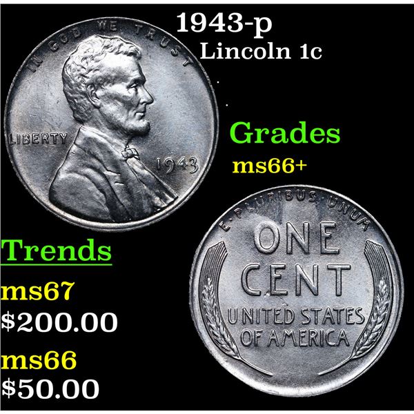 1943-p Lincoln Cent 1c Grades GEM++ Unc