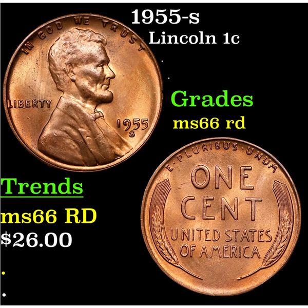 1955-s Lincoln Cent 1c Grades GEM+ Unc RD