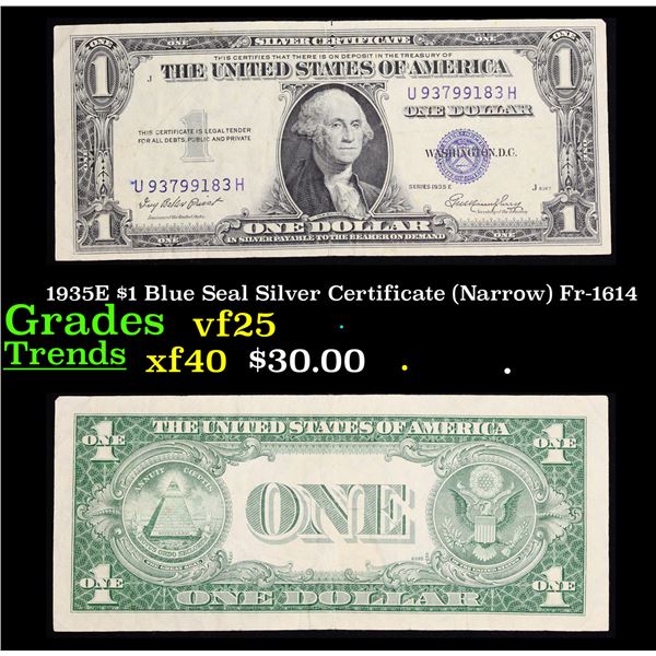 1935E $1 Blue Seal Silver Certificate (Narrow) Fr-1614 Grades vf+