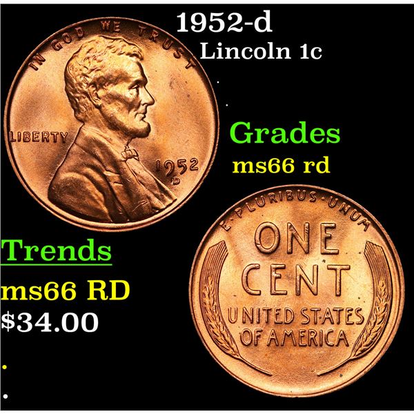 1952-d Lincoln Cent 1c Grades GEM+ Unc RD