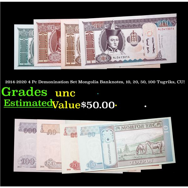 2014-2020 4 Pc Demonination Set Mongolia Banknotes, 10, 20, 50, 100 Tugriks, CU! Grades Brilliant Un