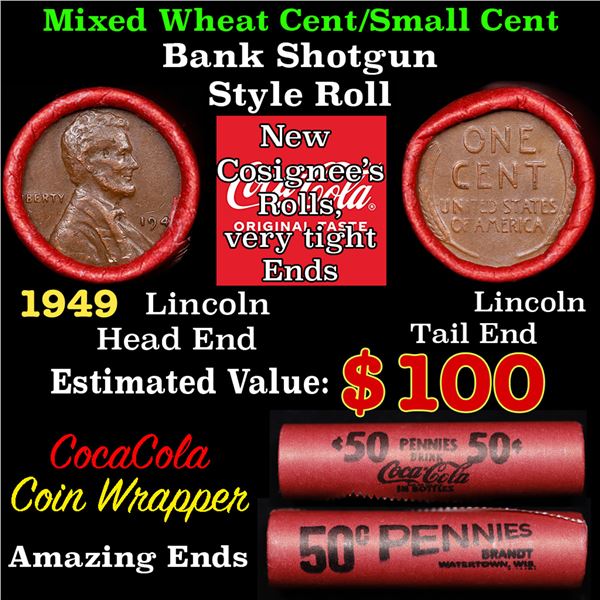 Mixed small cents 1c orig shotgun roll, 1949-p Lincoln Cent, Lincoln Cent other end, Coca-Cola Brand