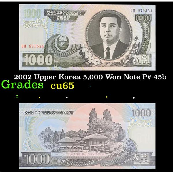 2002 Upper Korea 5,000 Won Note P# 45b Grades Gem CU