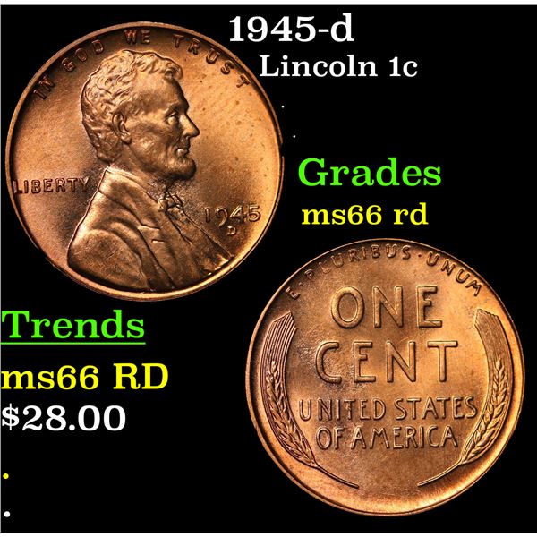 1945-d Lincoln Cent 1c Grades GEM+ Unc RD