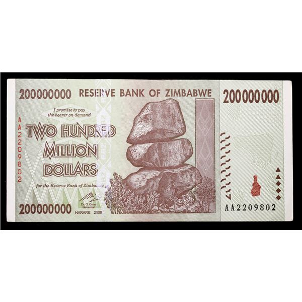 2008 Zimbabwe 200 Million Dollar Notes P: 81B Grades Select AU