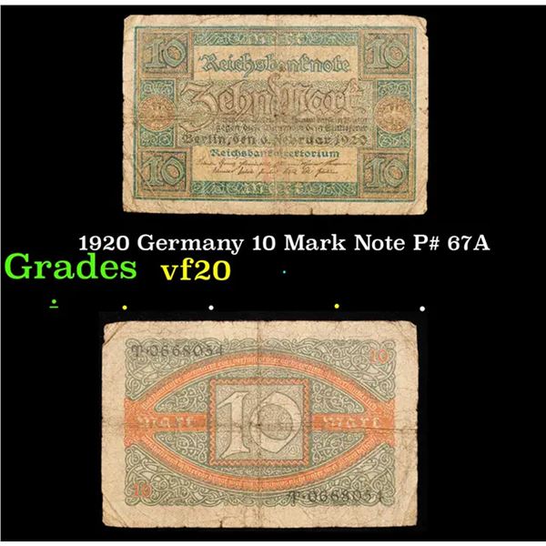 1920 Germany 10 Mark Note P# 67A Grades vf, very fine
