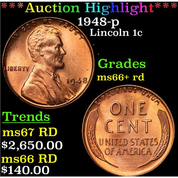 ***Auction Highlight*** 1948-p Lincoln Cent 1c Graded GEM++ RD By USCG (fc)