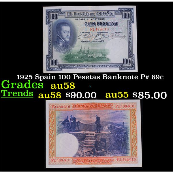 1925 Spain 100 Pesetas Banknote P# 69c Grades Choice AU/BU Slider