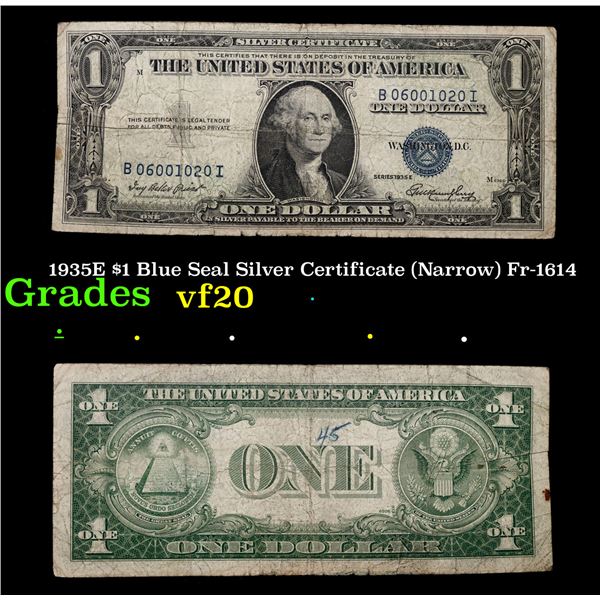 1935E $1 Blue Seal Silver Certificate (Narrow) Fr-1614 Grades vf, very fine