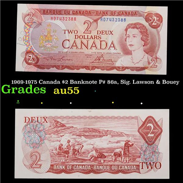 1969-1975 Canada $2 Banknote P# 86a, Sig. Lawson & Bouey Grades Choice AU