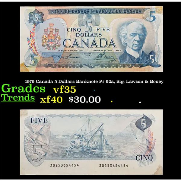 1979 Canada 5 Dollars Banknote P# 92a, Sig. Lawson & Bouey Grades vf++