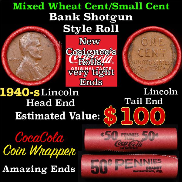 Mixed small cents 1c orig shotgun roll, 1940-s Lincoln Cent, Lincoln Cent other end, Coca-Cola Brand