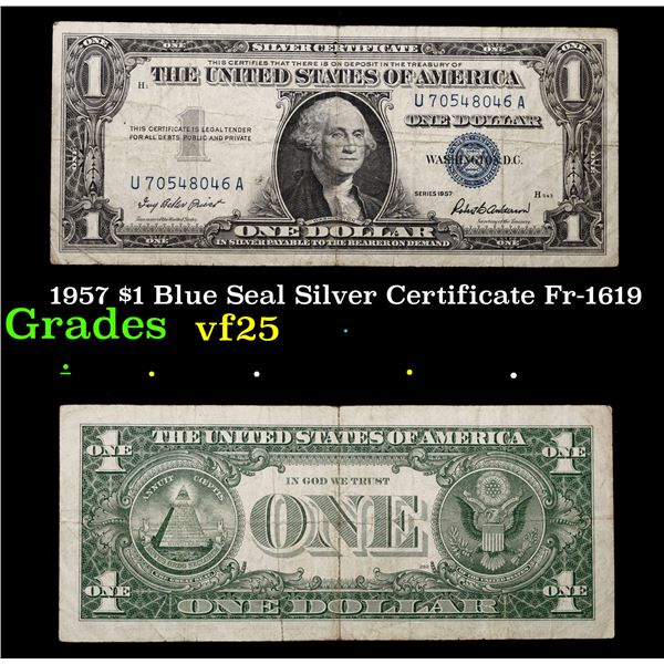 1957 $1 Blue Seal Silver Certificate Fr-1619 Grades vf+