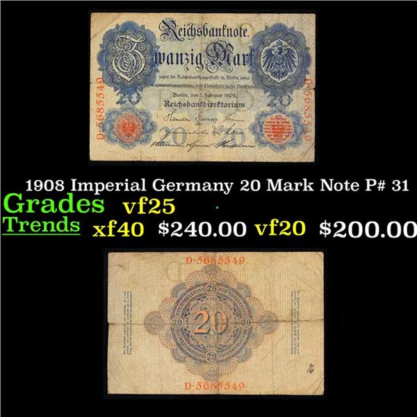1908 Imperial Germany 20 Mark Note P# 31 Grades vf+