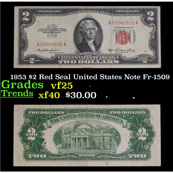 1953 $2 Red Seal United States Note Fr-1509 Grades vf+