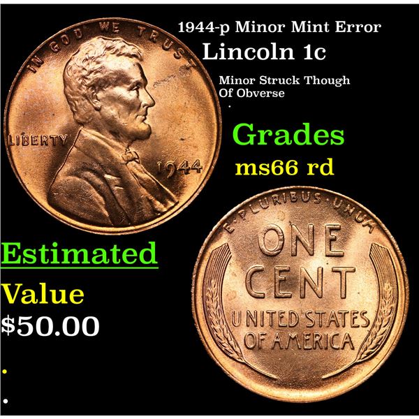1944-p Lincoln Cent Minor Mint Error 1c Grades GEM+ Unc RD