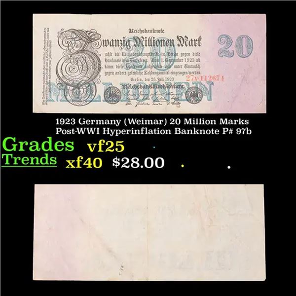 1923 Germany (Weimar) 20 Million Marks Post-WWI Hyperinflation Banknote P# 97b Grades vf+