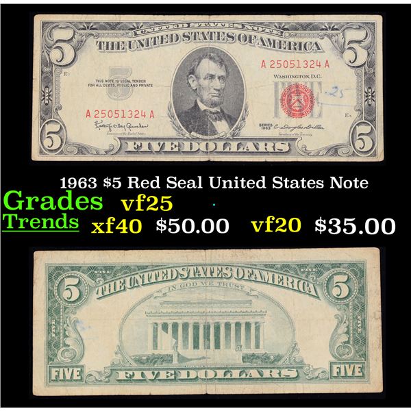 1963 $5 Red Seal United States Note Grades vf+