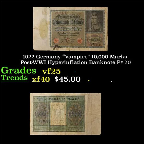 1922 Germany "Vampire" 10,000 Marks Post-WWI Hyperinflation Banknote P# 70 Grades vf+