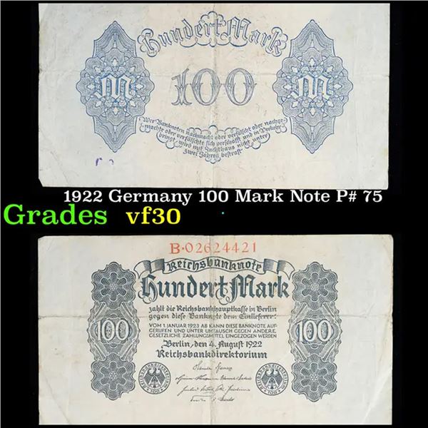 1922 Germany 100 Mark Note P# 75 Grades vf++
