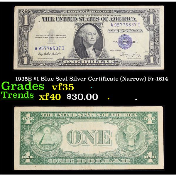 1935E $1 Blue Seal Silver Certificate (Narrow) Fr-1614 Grades vf++