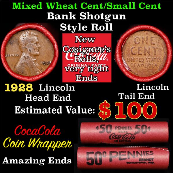 Mixed small cents 1c orig shotgun roll, 1926-p Lincoln Cent, Lincoln Cent other end, Coca-Cola Brand