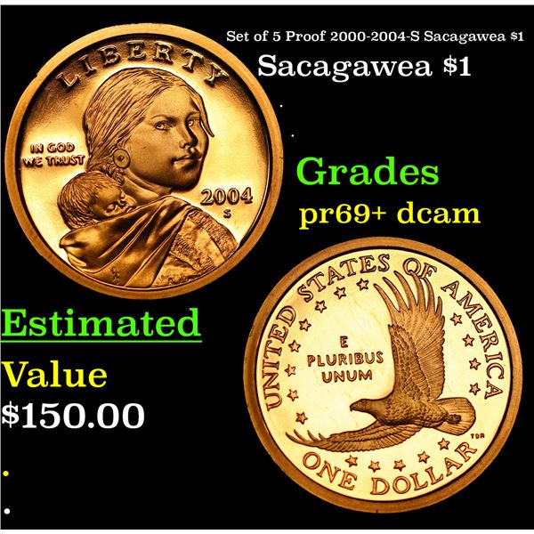 Proof Set of 5 Proof 2000-2004-S Sacagawea $1 Sacagawea Dollar $1 Grades GEM++ Proof Deep Cameo