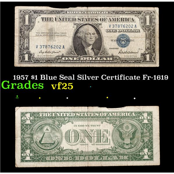 1957 $1 Blue Seal Silver Certificate Fr-1619 Grades vf+
