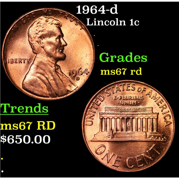 1964-d Lincoln Cent 1c Grades GEM++ Unc RD