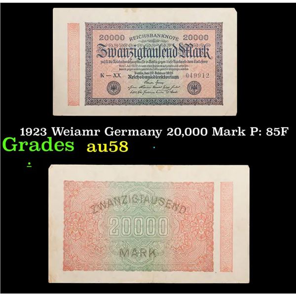 1923 Weiamr Germany 20,000 Mark P: 85F Grades Choice AU/BU Slider