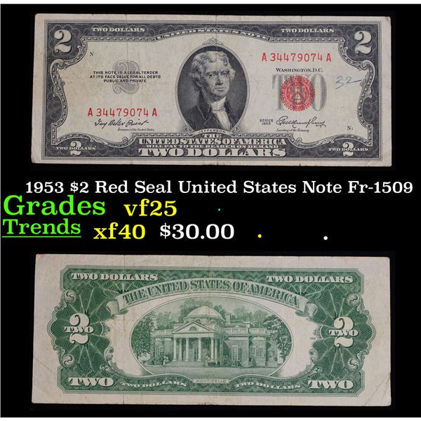 1953 $2 Red Seal United States Note Fr-1509 Grades vf+
