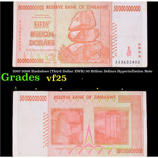 2007-2008 Zimbabwe (Third Dollar ZWR) 50 Billion Dollars Hyperinflation Note Grades vf+