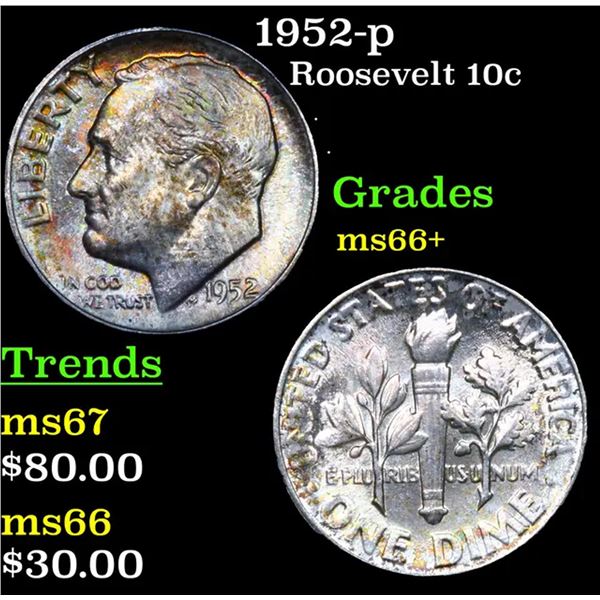 1952-p Roosevelt Dime 10c Grades GEM++ Unc