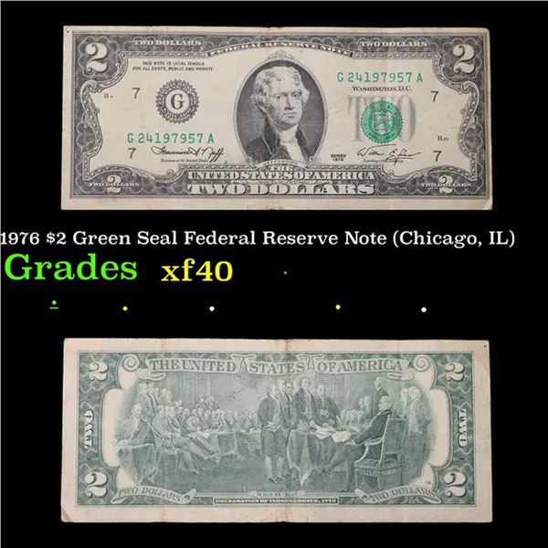 1976 $2 Green Seal Federal Reserve Note (Chicago, IL) Grades xf