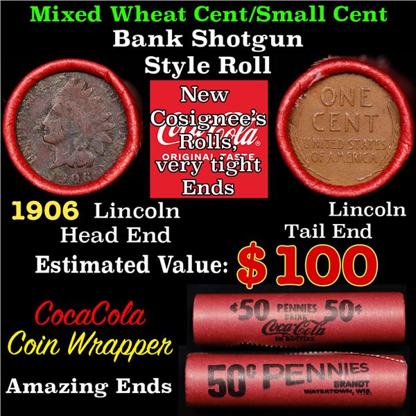 Mixed small cents 1c orig shotgun roll, 1906 Indian Cent, Lincoln Cent other end, Coca-Cola Brandt W
