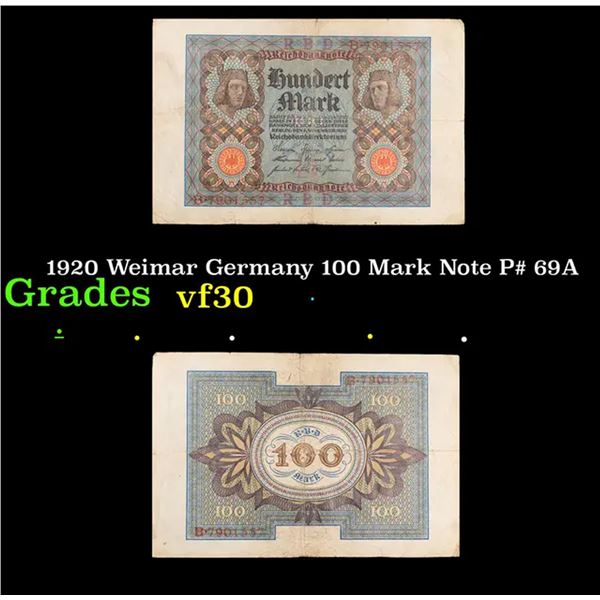 1920 Weimar Germany 100 Mark Note P# 69A Grades vf++