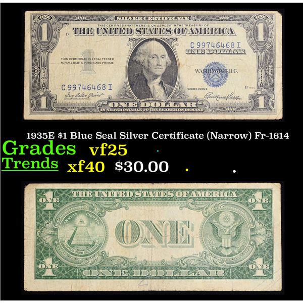1935E $1 Blue Seal Silver Certificate (Narrow) Fr-1614 Grades vf+