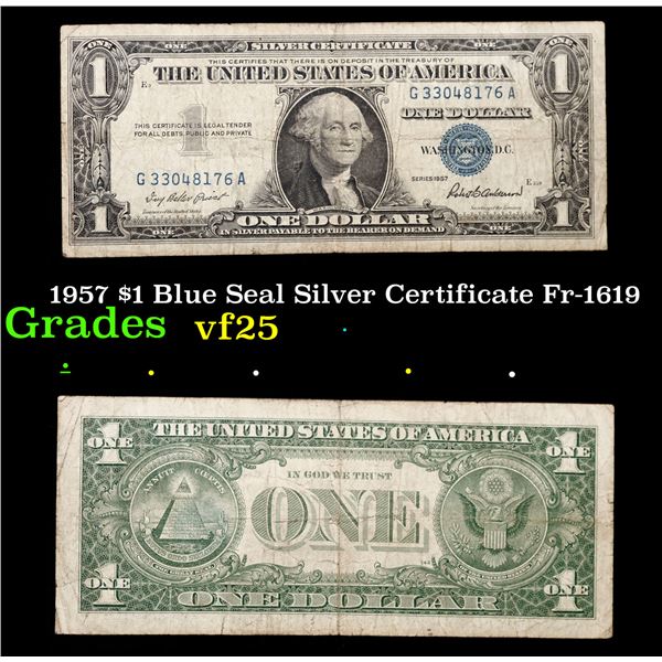 1957 $1 Blue Seal Silver Certificate Fr-1619 Grades vf+
