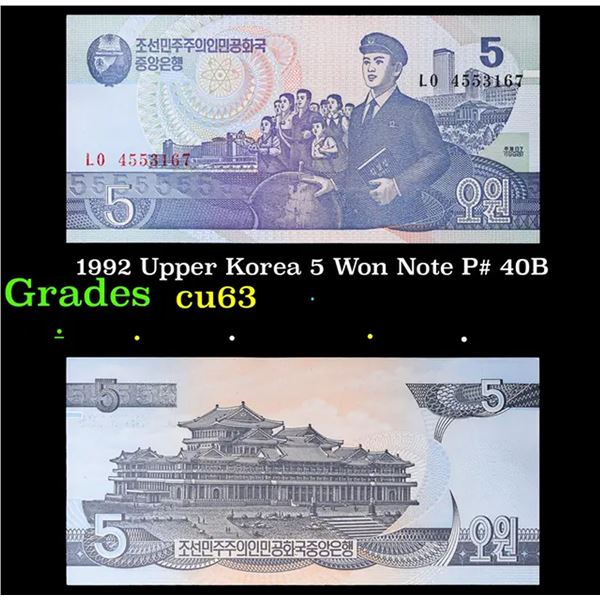 1992 Upper Korea 5 Won Note P# 40B Grades Select CU