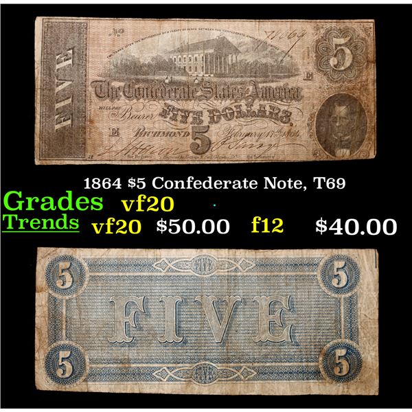1864 $5 Confederate Note, T69 Grades vf, very fine
