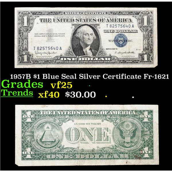 1957B $1 Blue Seal Silver Certificate Fr-1621 Grades vf+