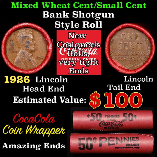 Mixed small cents 1c orig shotgun roll, 1926-p Lincoln Cent, Lincoln Cent other end, Coca-Cola Brand